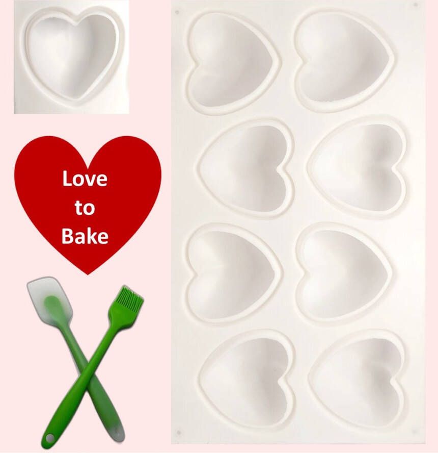 Heffiso Bakvorm – Cupcake bakvorm – Muffin bakvormen – Cakevorm silicone – Bakvorm voor 8 hartvormige cakejes – Set 2 stuks incl pannenlikker en Bakkwast