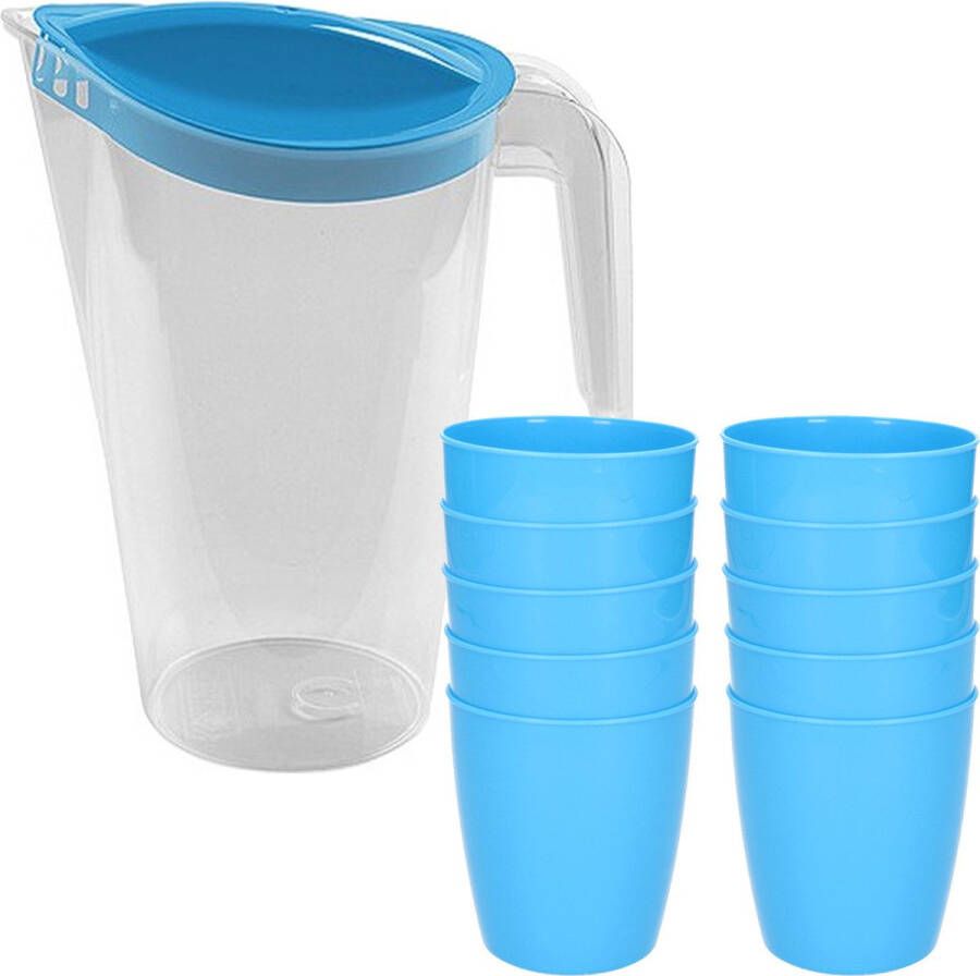 Hega hogar 10x kunststof drinkbekers 300 ML met schenkkan set blauw van 1.75 liter Indoor outdoor