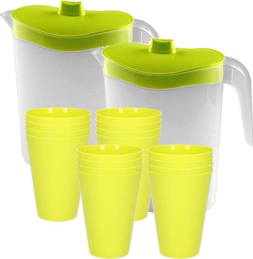 Hega hogar 16x kunststof drinkbekers 430 ML met 2x stuks schenkkannen set transparant groen van 2.5 liter Verjaardag camping tuin