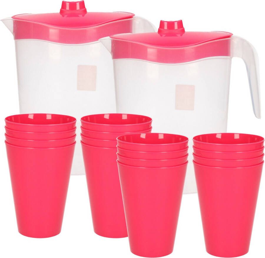 Hega hogar 16x kunststof drinkbekers 430 ML met 2x stuks schenkkannen set transparant roze van 2.5 liter Verjaardag camping tuin
