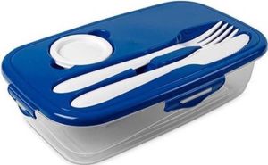 Hega hogar 1x Lunchbox blauw met bestek 1 liter plastic Salade to go Paris Luchtdicht hermetisch afgesloten vershouddoos bakje Mealprep Maaltijden bewaren