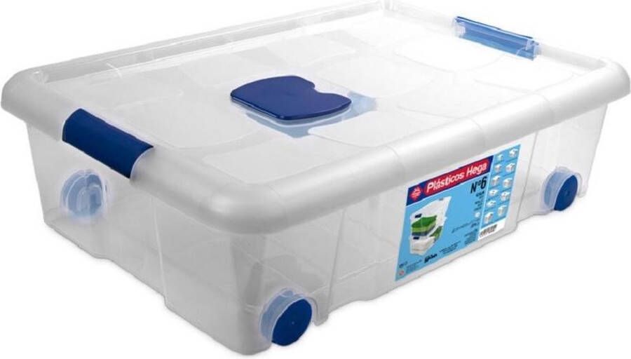 Hega hogar 1x Opbergboxen opbergdozen met deksel en wieltjes 31 liter kunststof transparant blauw 61 x 44 x 18 cm Opbergbakken