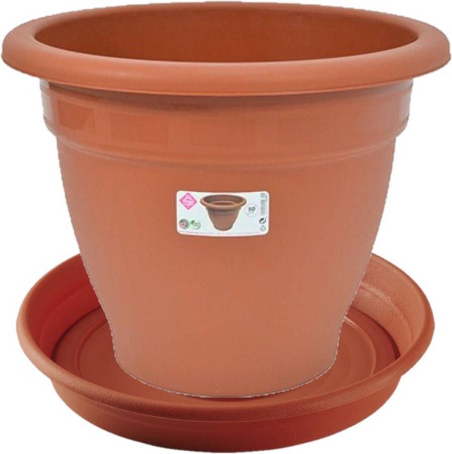 Hega hogar 1x stuks bloempot met onder opvangschaal in kleur terra cotta rond diameter pot 50 cm Plantenpotten bakken