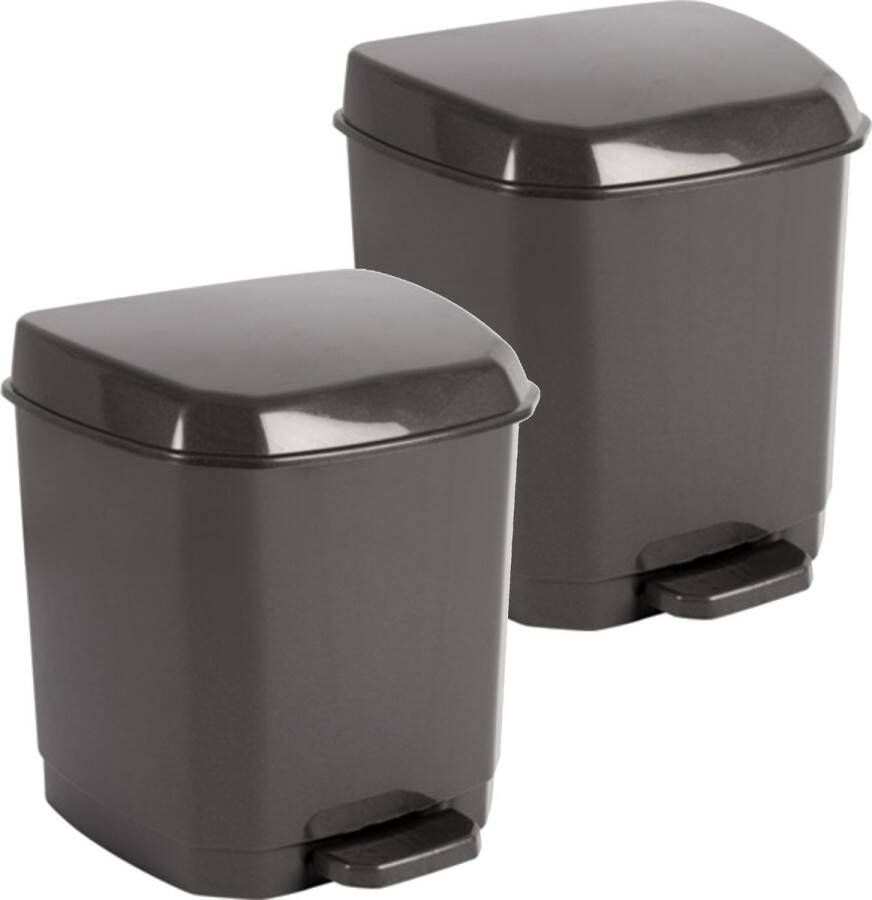 Hega hogar 2x Donkergrijze pedaalemmers vuilnisbakken prullenbakken 7 liter 21 x 22 x 26 cm Kunststof plastic vuilnisemmers- Dameshygiene afvalbakken voor toilet badkamer