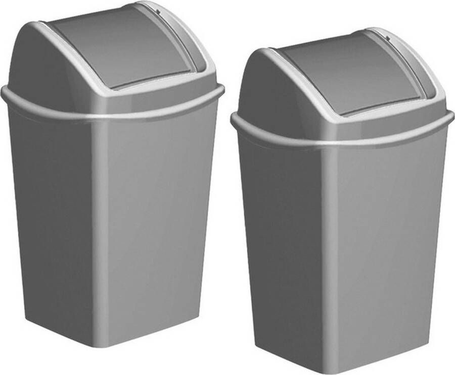 Hega hogar 2x Grijze vuilnisbakken prullenbakken 15 liter 25 x 29 x 45 cm Kunststof plastic vuilnisemmers- Afval scheiden GFT afvalbakken