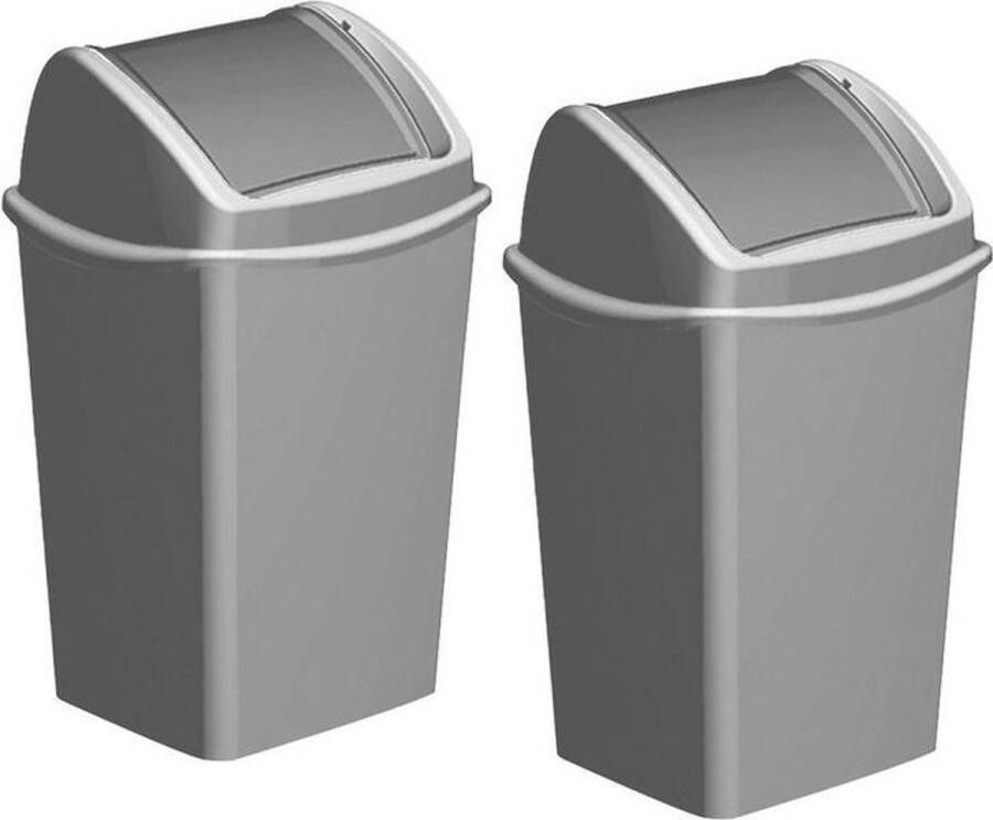 Hega hogar 2x Grijze vuilnisbakken prullenbakken 15 liter 25 x 29 x 45 cm Kunststof plastic vuilnisemmers- Afval scheiden GFT afvalbakken