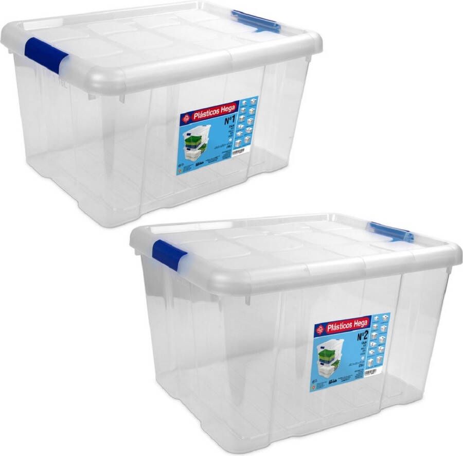 Hega hogar 2x Opbergboxen opbergdozen met deksel 16 en 25 ltr kunststof transparant blauw 39 x 29 5 x 21 en 42 x 35 x 25 cm Opbergbakken