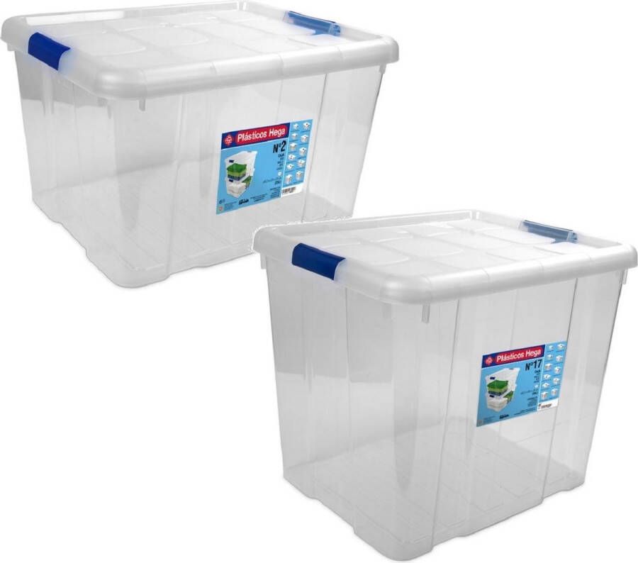 Hega hogar 2x Opbergboxen opbergdozen met deksel 25 en 35 ltr kunststof transparant blauw 42 x 35 x 25 en 42 x 35 x 35 cm Opbergbakken