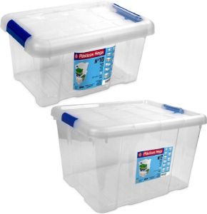 Hega hogar 2x Opbergboxen opbergdozen met deksel 5 en 25 ltr kunststof transparant blauw 29 x 20 x 15 en 42 x 35 x 25 cm Opbergbakken
