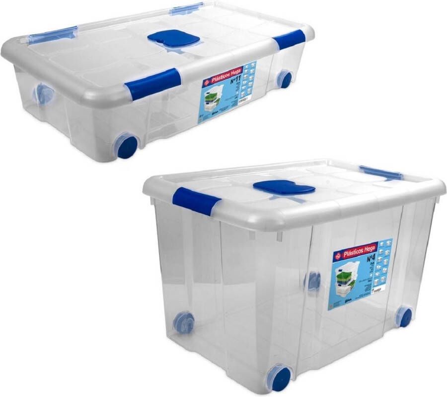 Hega hogar 2x Opbergboxen opbergdozen met deksel en wieltjes 30 en 55 liter kunststof transparant blauw Opbergbakken
