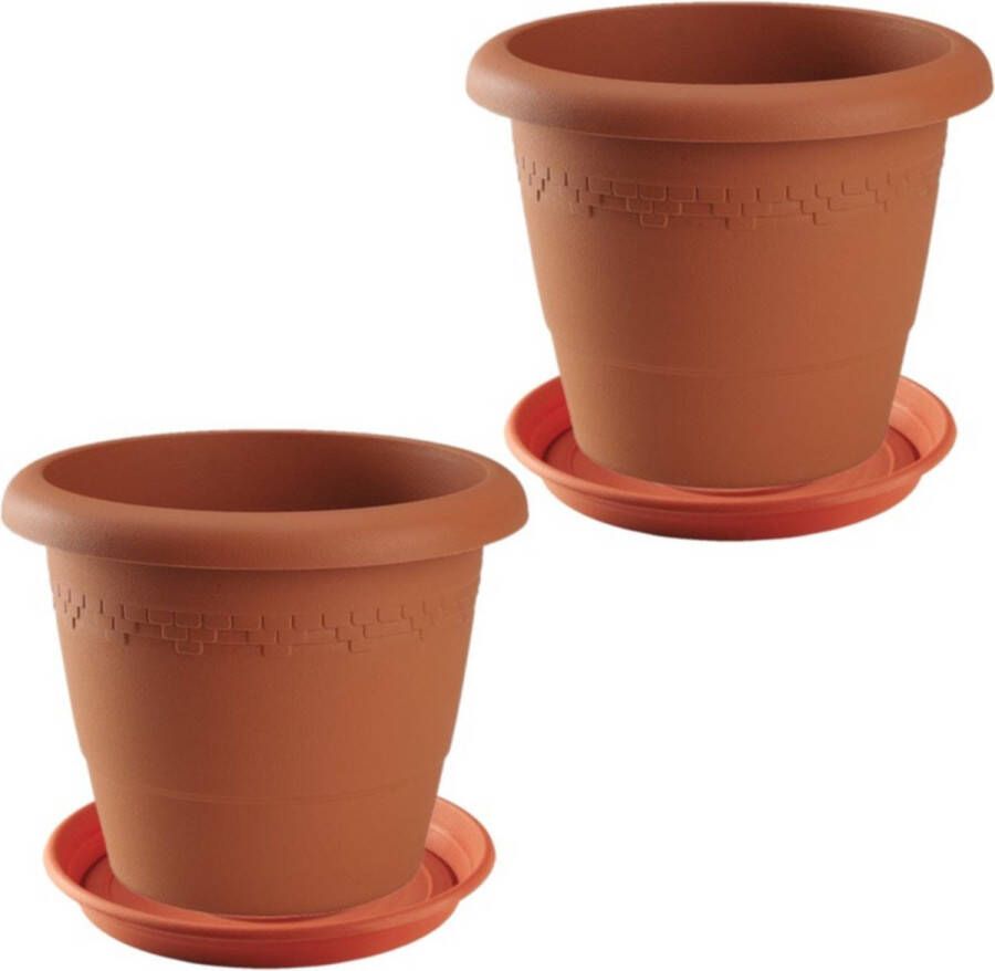 Hega hogar 2x stuks bloempot met onder opvangschaal in kleur terra cotta rond diameter pot 50 cm Plantenpotten bakken