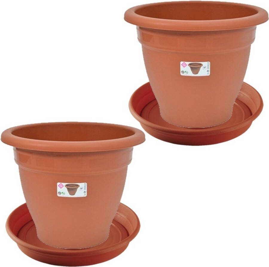 Hega hogar 2x stuks bloempot met onder opvangschaal in kleur terra cotta rond diameter pot 50 cm Plantenpotten bakken