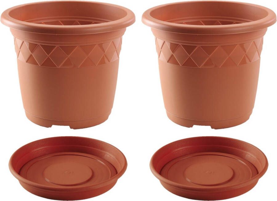 Hega hogar 2x stuks bloempotten met onder opvangschaal in kleur terra cotta rond diameter pot 29 cm Plantenpotten bakken