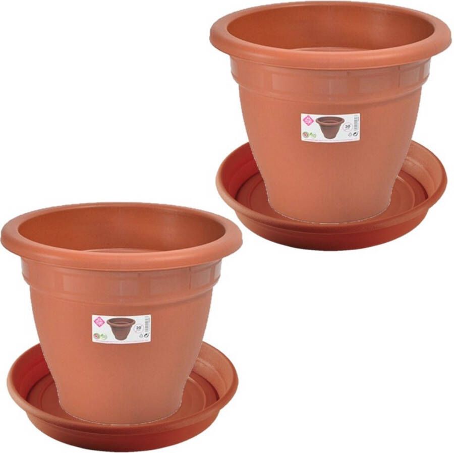 Hega hogar 2x stuks bloempotten met onder opvangschaal in kleur terra cotta rond diameter pot 30 cm Plantenpotten bakken