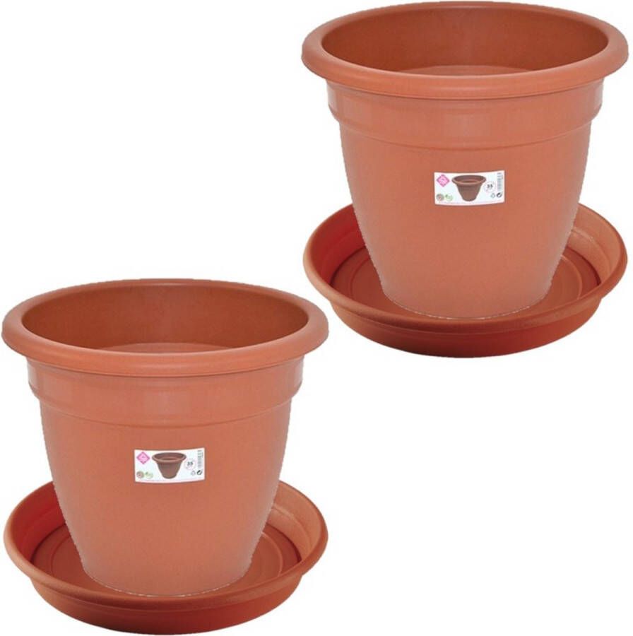 Hega hogar 2x stuks bloempotten met onder opvangschaal in kleur terra cotta rond diameter pot 35 cm Plantenpotten bakken