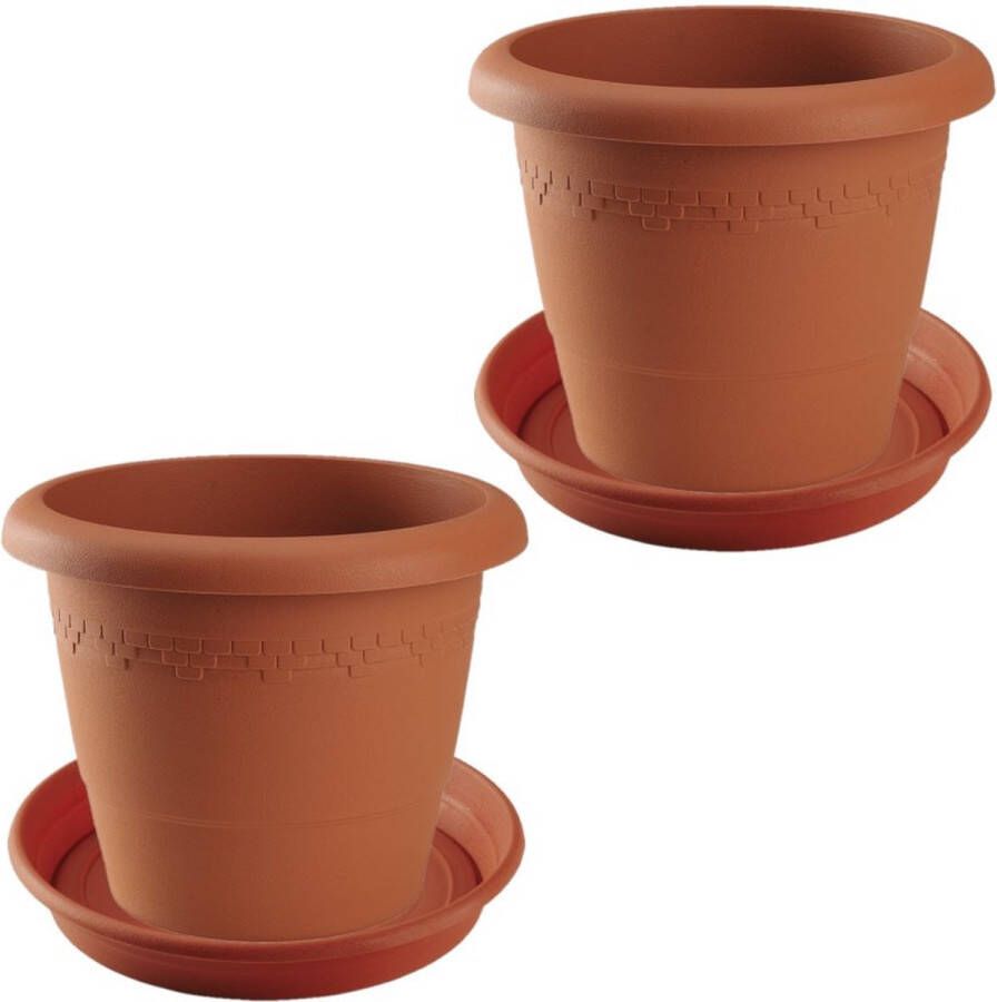 Hega hogar 2x stuks bloempotten met onder opvangschaal in kleur terra cotta rond diameter pot 40 cm Plantenpotten bakken