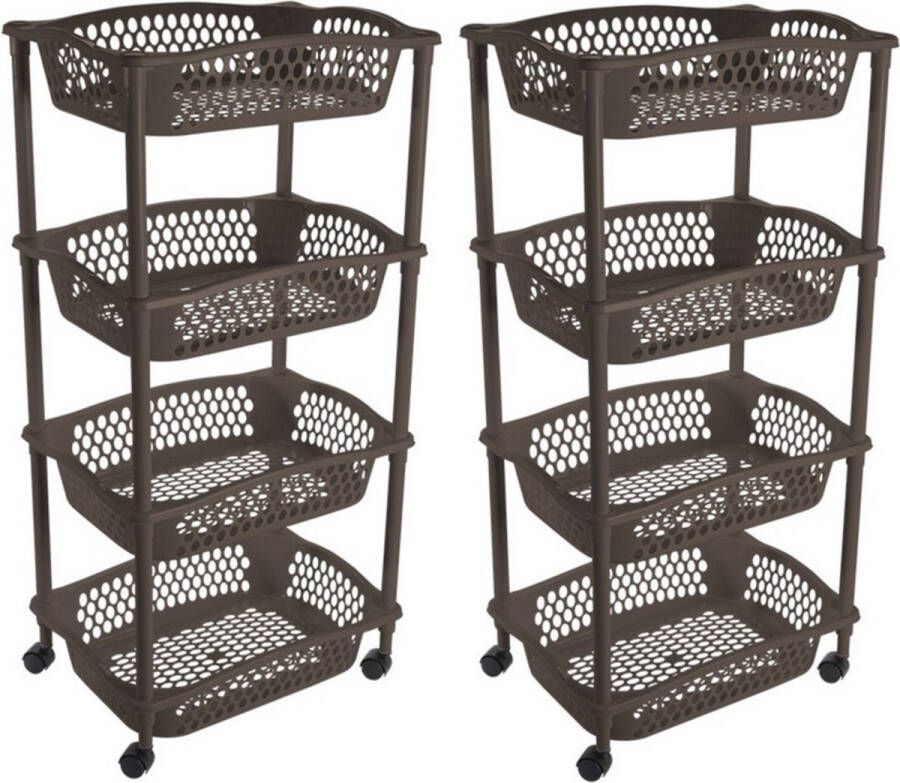 Hega hogar 2x stuks keuken opberg trolleys roltafels met 4 manden 86 x 41 cm cappuchino bruin Etagewagentje met opbergkratten