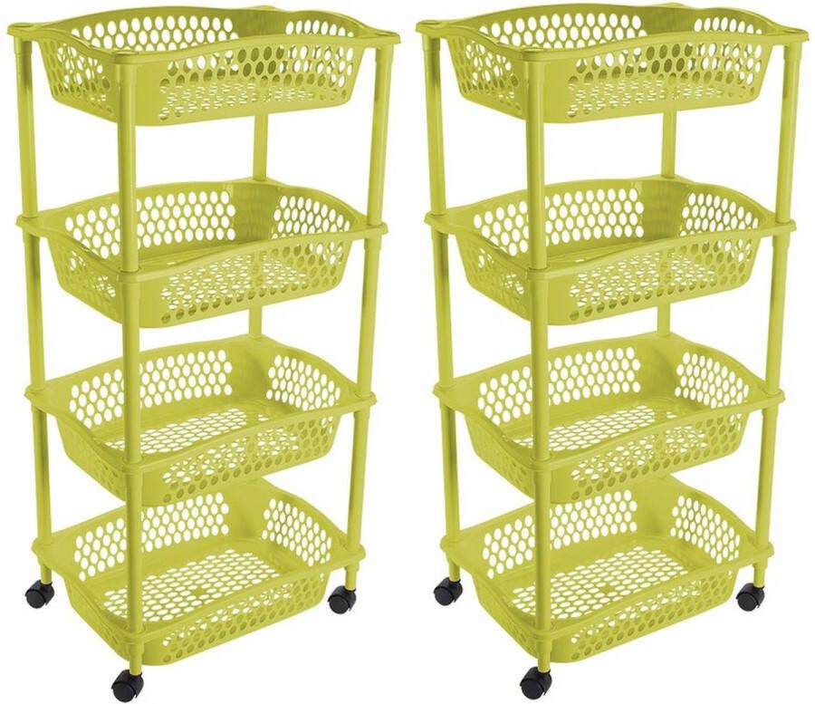 Hega hogar 2x stuks keuken opberg trolleys roltafels met 4 manden 86 x 41 cm groen Etagewagentje met opbergkratten