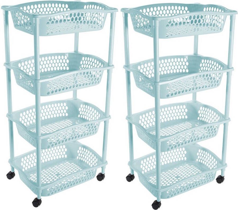 Hega hogar 2x stuks keuken opberg trolleys roltafels met 4 manden 86 x 41 cm lichtblauw Etagewagentje met opbergkratten