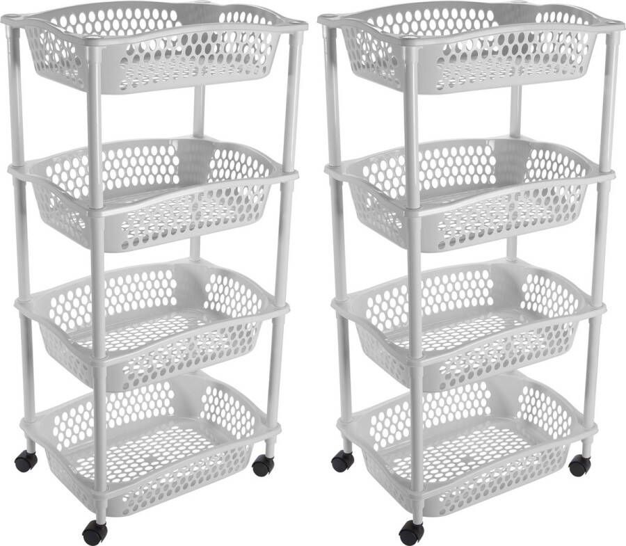 Hega hogar 2x stuks keuken opberg trolleys roltafels met 4 manden 86 x 41 cm lichtgrijs- Etagewagentje met opbergkratten