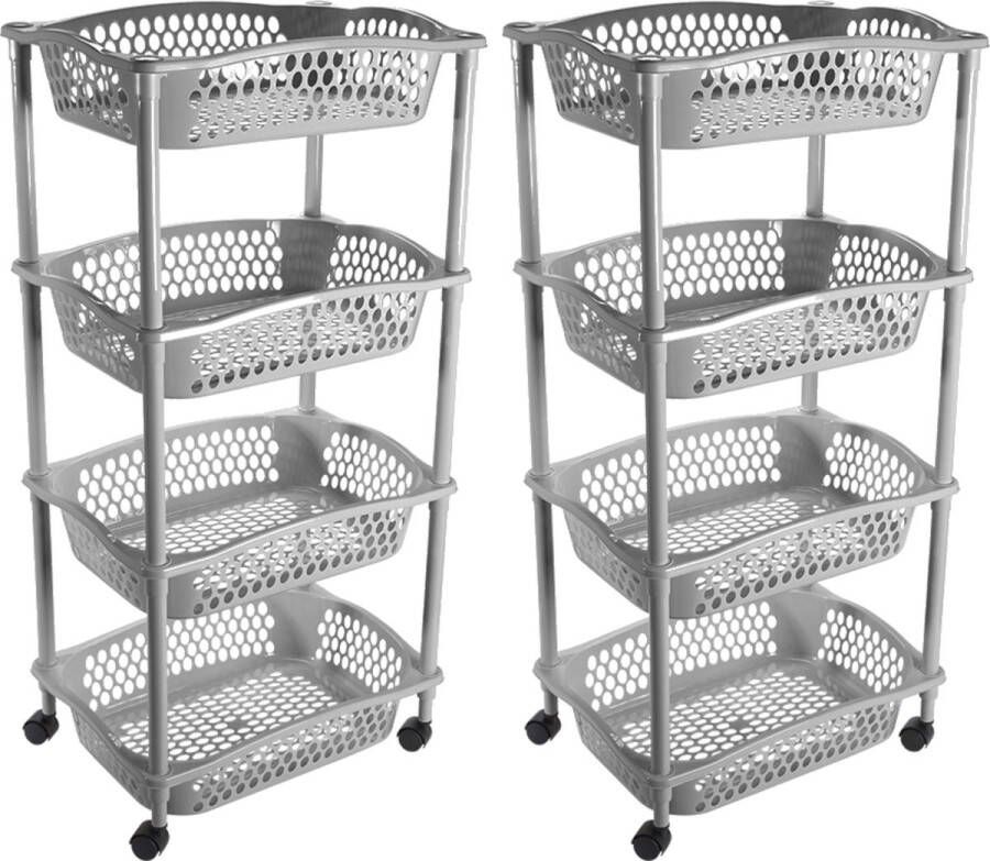 Hega hogar 2x stuks keuken opberg trolleys roltafels met 4 manden 86 x 41 cm zilvergrijs- Etagewagentje met opbergkratten