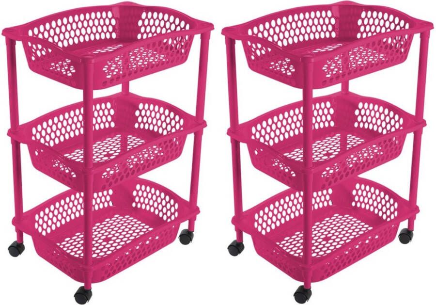 Hega hogar 2x stuks keuken kamer opberg trolleys roltafels met 3 manden 62 x 41 cm fuchsia roze Etagewagentje met opbergkratten