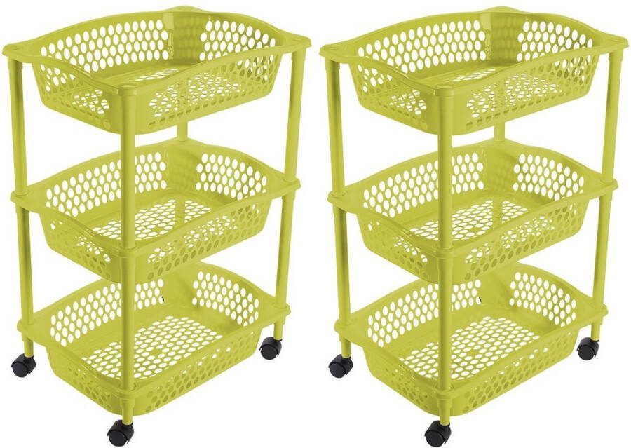 Hega hogar 2x stuks keuken kamer opberg trolleys roltafels met 3 manden 62 x 41 cm groen Etagewagentje met opbergkratten