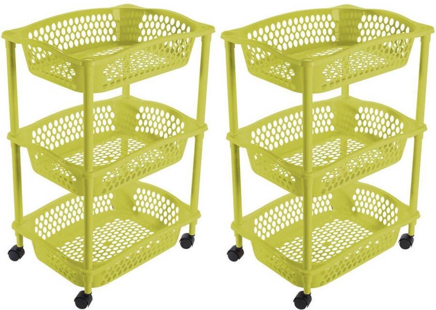 Hega hogar 2x stuks keuken kamer opberg trolleys roltafels met 3 manden 62 x 41 cm groen Etagewagentje met opbergkratten