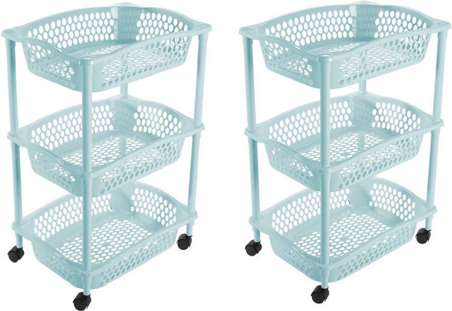 Hega hogar 2x stuks keuken kamer opberg trolleys roltafels met 3 manden 62 x 41 cm lichtblauw Etagewagentje met opbergkratten