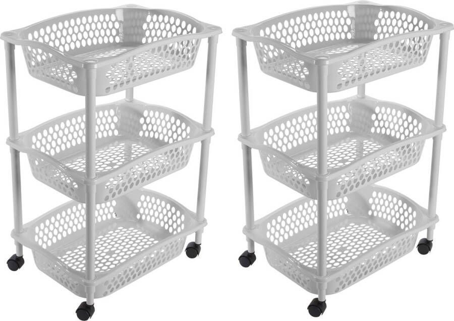 Hega hogar 2x stuks keuken kamer opberg trolleys roltafels met 3 manden 62 x 41 cm lichtgrijs Etagewagentje met opbergkratten