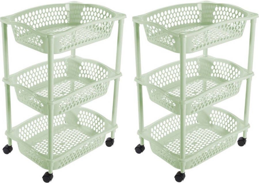Hega hogar 2x stuks keuken kamer opberg trolleys roltafels met 3 manden 62 x 41 cm mintgroen Etagewagentje met opbergkratten