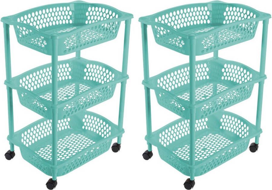 Hega hogar 2x stuks keuken kamer opberg trolleys roltafels met 3 manden 62 x 41 cm turquoise blauw Etagewagentje met opbergkratten