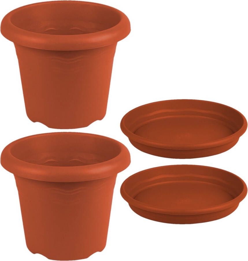 Hega hogar 2x stuks ronde plantenpotten terra cotta met opvangschaal met diameter 26 cm Kunststof Buiten gebruik