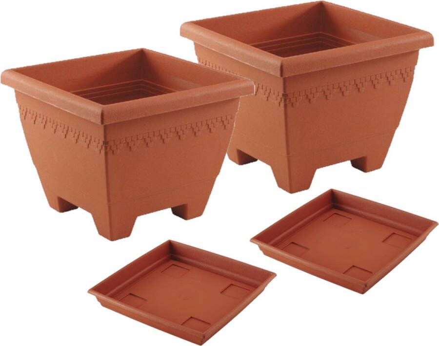 Hega hogar 2x stuks vierkante plantenbakken potten 30 x 30 x 23 cm terra cotta kleur met opvangschaal van 27 cm Kunststof Buiten gebruik