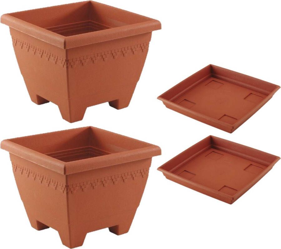 Hega hogar 2x stuks vierkante plantenbakken potten 35 x 35 x 27 cm terra cotta kleur met opvangschaal van 31 cm Kunststof Buiten gebruik