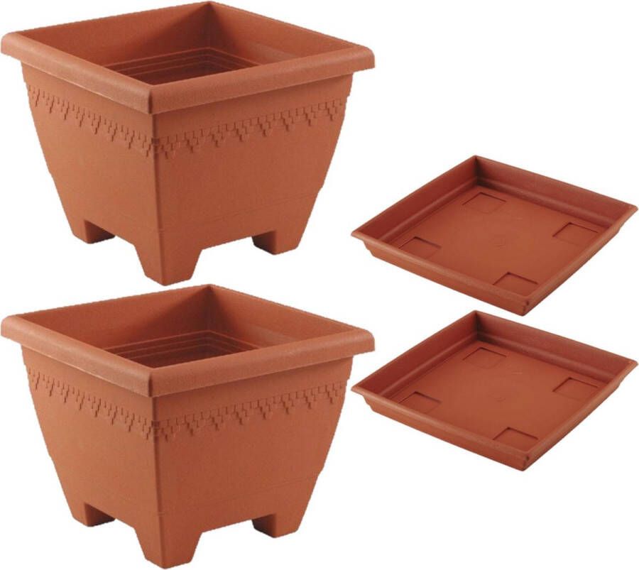 Hega hogar 2x stuks vierkante plantenbakken potten 40 x 40 x 31 cm terra cotta kleur met opvangschaal van 35 cm Kunststof Buiten gebruik