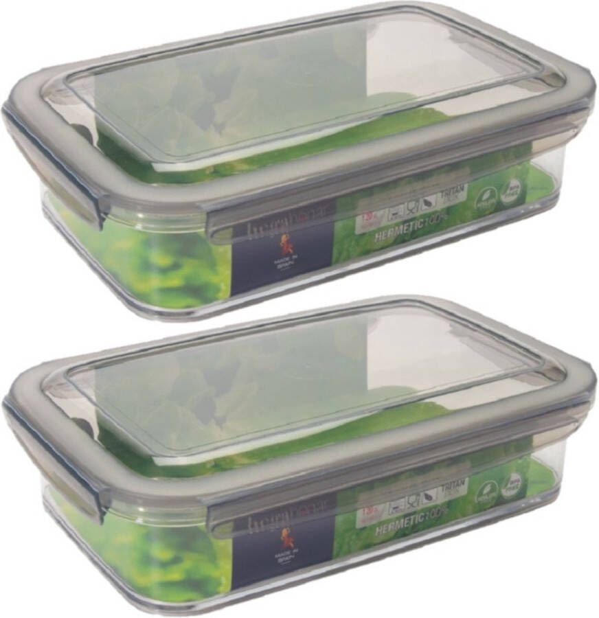 Hega hogar 2x Voorraad vershoudbakjes 1 2 liter transparant grijs plastic 24 x 15 cm Tudela Voedsel bewaar bakjes Diepvriesbakjes