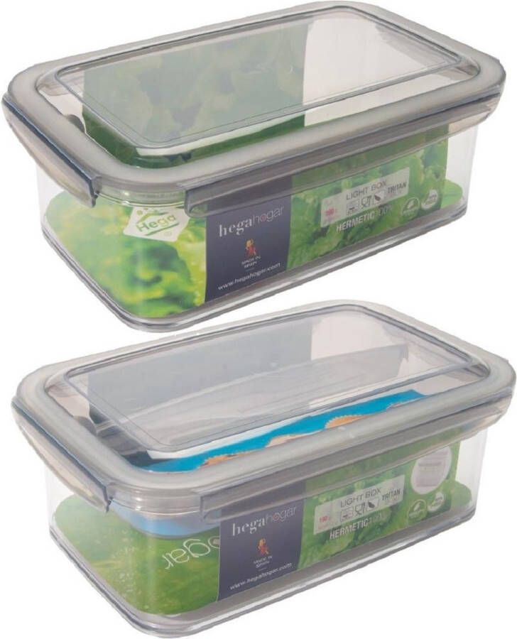Hega hogar 2x Voorraad vershoudbakjes 1 9 ltr met tray transparant grijs plastic 24 x 15 cm Tudela Voedsel bewaarbakjes Diepvriesbakjes