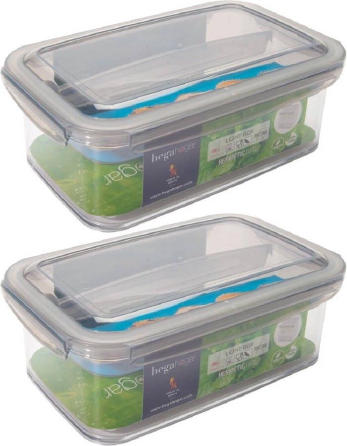 Hega hogar 2x Voorraad vershoudbakjes met tray 1 9 ltr transparant grijs plastic 24 x 15 cm Tudela Voedsel bewaarbakjes Diepvriesbakjes