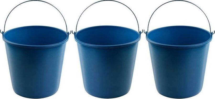 Hega hogar 3x Blauwe schoonmaakemmers huishoudemmers 16 liter 32 x 28 cm Agri emmers Kunststof plastic emmer sopemmer met metalen hengsel handvat