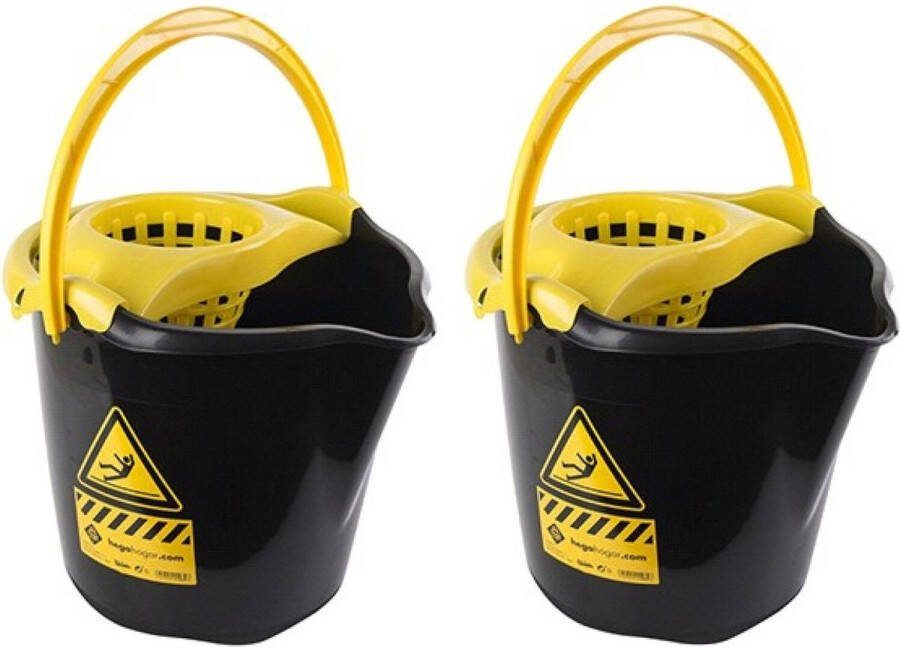 Hega hogar 3x Dweilemmers mopemmers 13 5 liter zwart geel caution 32 x 30 cm Schoonmaakartikelen