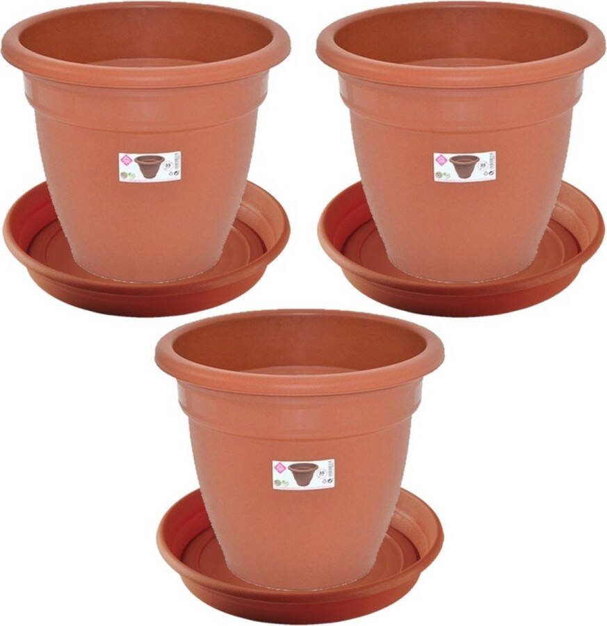 Hega hogar 3x stuks bloempotten met onder opvangschaal in kleur terra cotta rond diameter pot 35 cm Plantenpotten bakken
