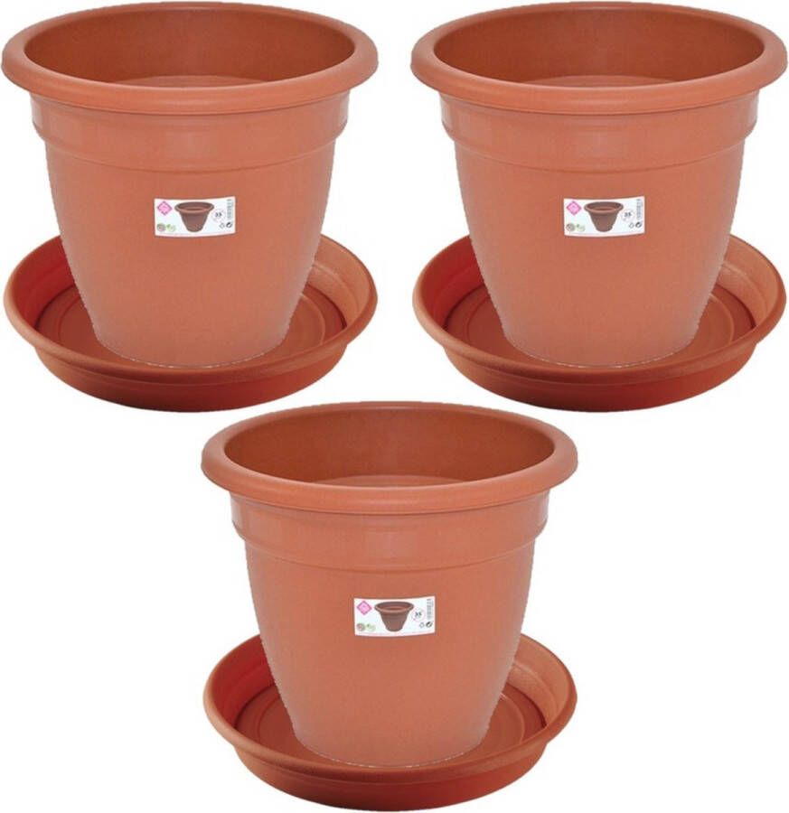 Hega hogar 3x stuks bloempotten met onder opvangschaal in kleur terra cotta rond diameter pot 35 cm Plantenpotten bakken