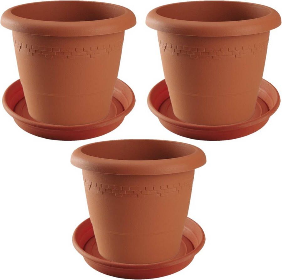 Hega hogar 3x stuks bloempotten met onder opvangschaal in kleur terra cotta rond diameter pot 40 cm Plantenpotten bakken