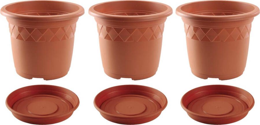 Hega hogar 3x stuks bloempotten met onder opvangschaal in kleur terra cotta rond diameter pot 29 cm Plantenpotten bakken