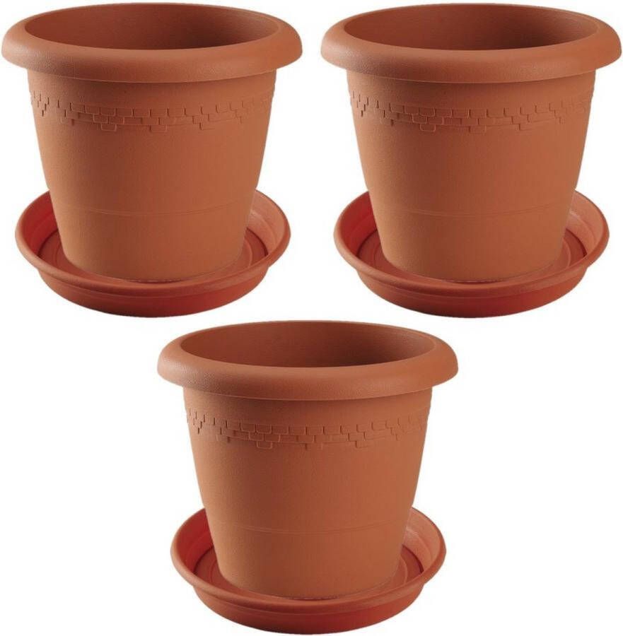 Hega hogar 3x stuks bloempotten met onder opvangschaal in kleur terra cotta rond diameter pot 30 cm Plantenpotten bakken