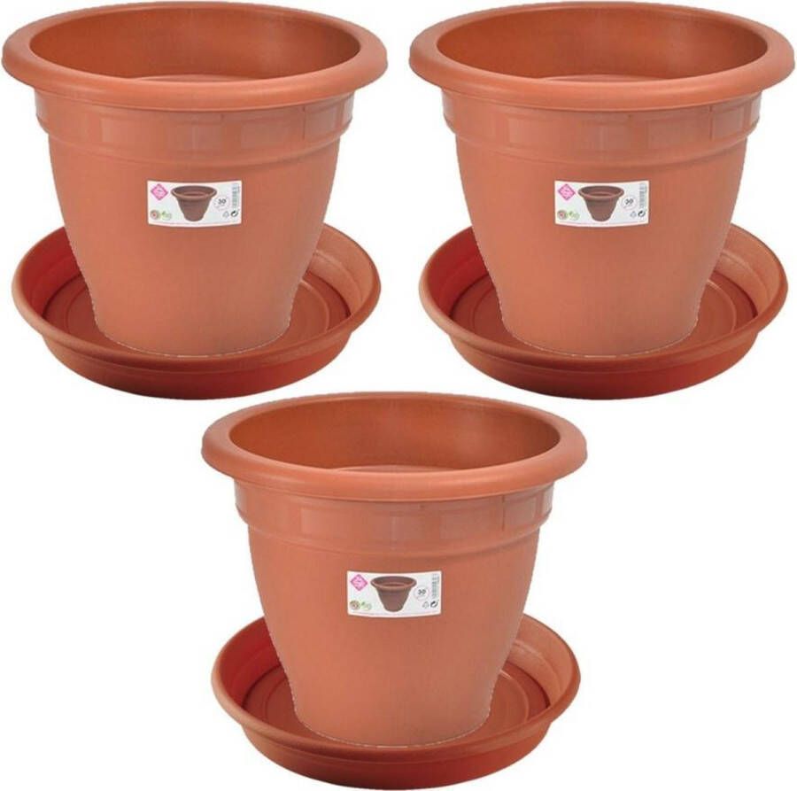 Hega hogar 3x stuks bloempotten met onder opvangschaal in kleur terra cotta rond diameter pot 30 cm Plantenpotten bakken