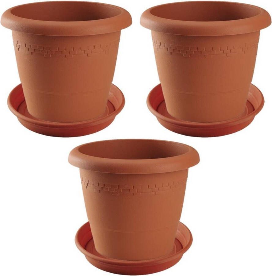 Hega hogar 3x stuks bloempotten met onder opvangschaal in kleur terra cotta rond diameter pot 35 cm Plantenpotten bakken