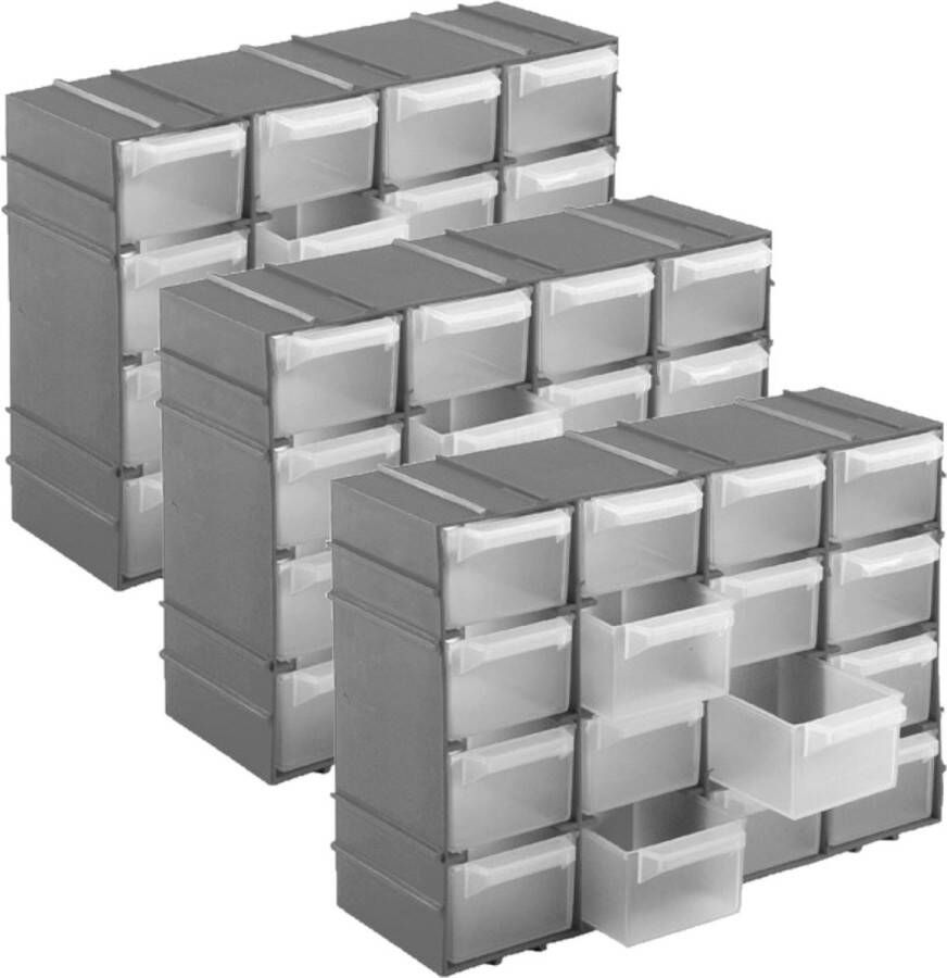 Hega hogar 3x stuks ophangbare grijze gereedschap assortimentsdozen sorteerdozen met 16 vakken 22 cm Schroeven en spijkers opbergen