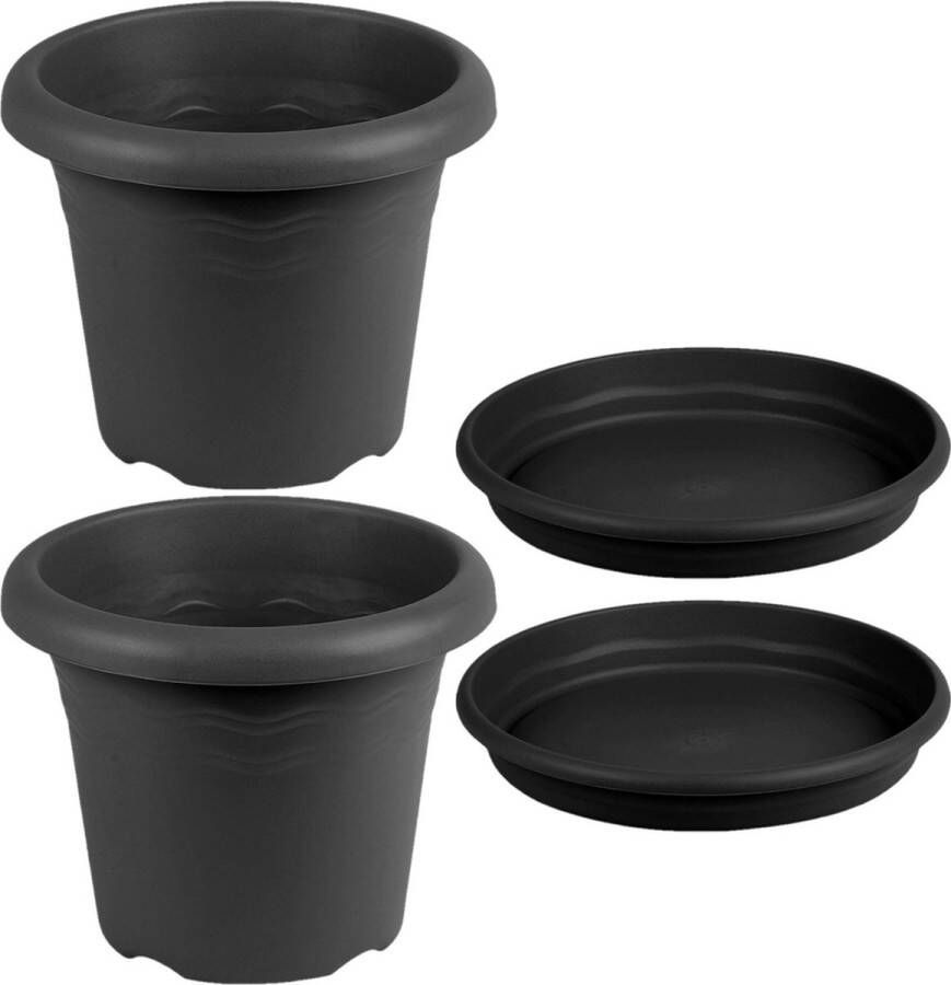 Hega hogar 3x stuks ronde plantenpotten antraciet grijs met opvangschaal met diameter 18 cm Kunststof Buiten gebruik